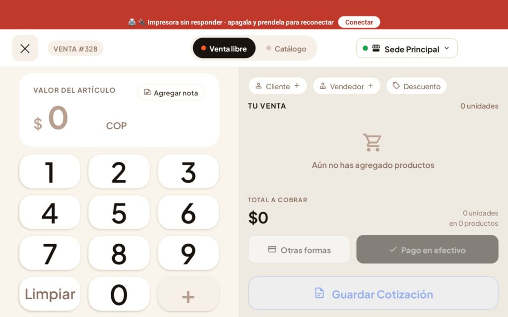 Pantalla de venta de Piida con el teclado numérico y el detalle de la venta en curso