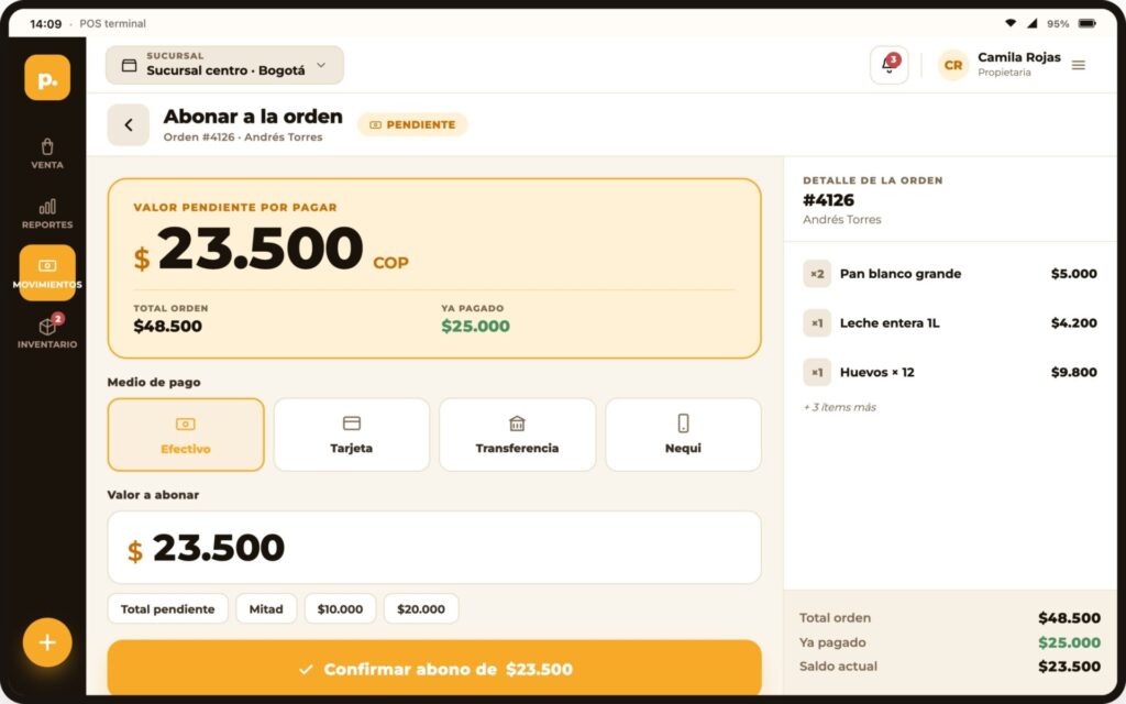 Pantalla de Piida para abonar a una orden pendiente de un cliente de la ferreter&iacute;a