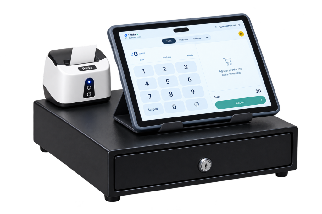 Kit de equipos POS de Piida: tablet, impresora térmica y cajón monedero sobre el mostrador